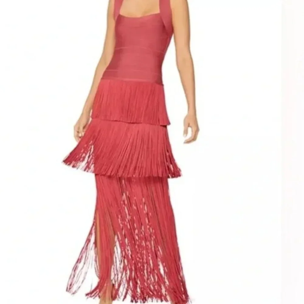 HERVE LEGER Women's Icon Fringe Bandage Maxi Dress In Burnt Rose - Picture 1 of 7